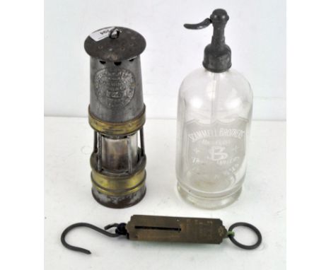 A glass soda syphon, Scammell Brothers, Frome &amp; Wells; together with a vintage gas lamp and a Salter Pocket Balance weigh