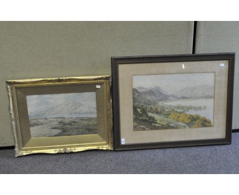 Two large Victorian watercolour landscapes, the first initialled EMW '96, with figures before boats in mountainous lake lands