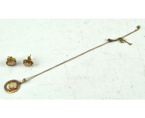 A pair of 9ct gold earrings and matching necklace, each featuring cameo portrait depicting a young woman in profile