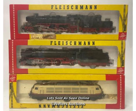 Three Fleischmann HO scale boxed trains; no.4375 Overhead Electric Locomotive, No. 4175 Steam Locomotive 50 058 and No.4170 S