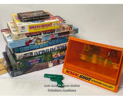 Vintage board games and shooting game including Guess Who, Space Attack, Dungeon and Magic Shot Shooting Gallery, all unckeck