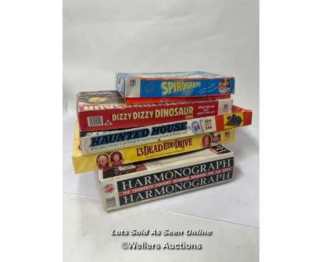 Vintage board games and drawing games incl;uding Spirograph, Dizzy Dizzy Dinosour and Haunted House, all unchecked for comple