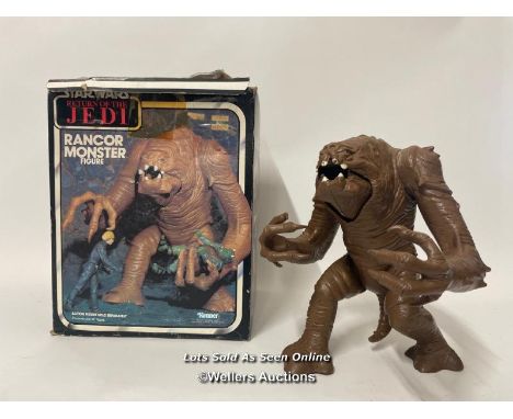 Star Wars vintage Kenner Rancor, Hong Kong 1984, with box, leg joints are a little loose, arms have stiff joints, small chip 