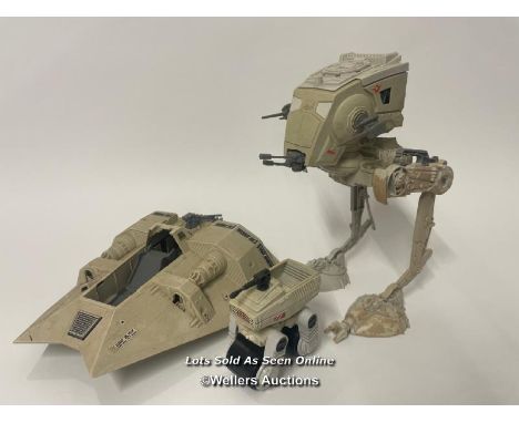 Three vintage Star Wars Vehicles to include Snowspeeder, Scout Walker and MTV-7 mini rig. Snowspeeder incomplete, Scout walke