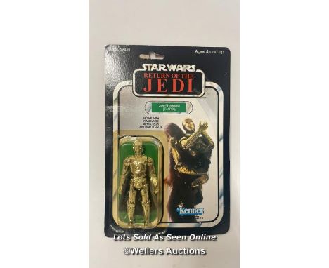 Star Wars vintage C-3PO (removable limbs) 3 3/4" figure, Kenner 1983, MOC, yellowed and damaged bubble, card has some minor c
