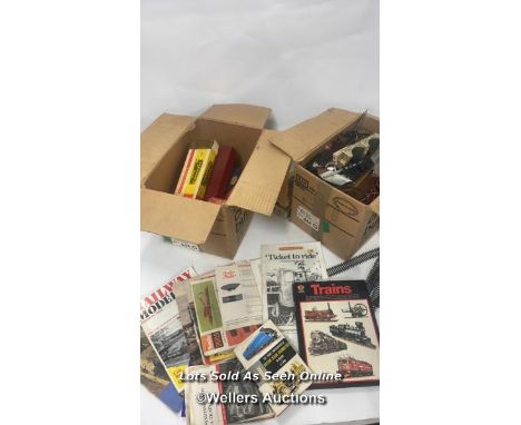Two boxes containing assorted rails, control panel, railway spares , empty boxes, books, manuals and magazines 