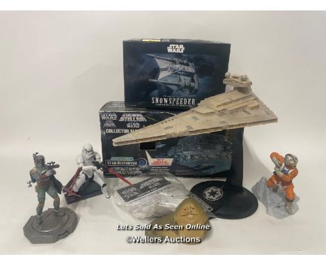 Kenner Electronic Star Destroyer toy 1997, Ban Dai Snowspeeder 1/48 scale model (new) and four figurines including Boba Fett