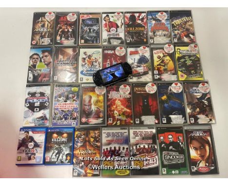 PSP console with charger and case, good working order with 28 games including Star Wars The Force Unleashed, Tomb Raider and 