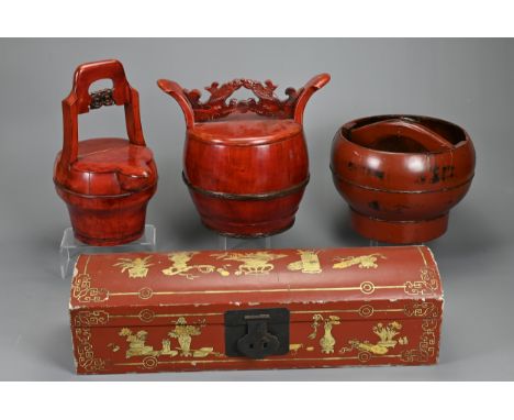 FOUR CHINESE WOOD AND RED LACQUER BASKETS AND OTHER ITEMS. Comprising: a covered basket, with pierced fretwork handles, 33cm 