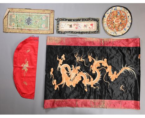 A COLLECTION OF LATE 19TH/EARLY 20TH CENTURY CHINESE EMBROIDERED SILK PANELS AND FRAGMENTS. Comprising: a rectangular black g