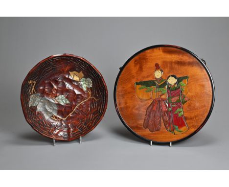 A JAPANESE LATE EARLY 20TH CENTURY WOODEN LACQUERED BOWL AND AN INLAID WOODEN PLAQUE. The bowl probably Sanuki province, lacq