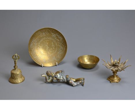 A GROUP OF INDIAN CHINESE BRASS AND JADE ITEMS, 20TH CENTURY. To include a rotating lotus form oil lamp on turtle stand; A va