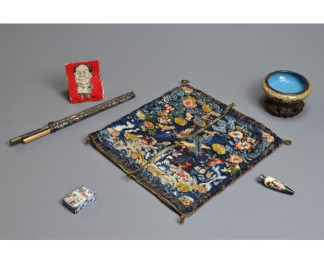A GROUP OF CHINESE ITEMS, 19/20TH CENTURY. To include a silk embroidered rank badge mounted as a cushion cover; A cloisonne e
