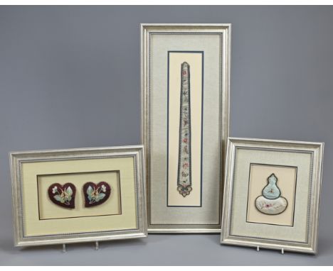 THREE FRAMED CHINESE EMBROIDERED SILK PANELS OR FRAGMENTS, LATE 19TH CENTURY AND LATER. The first of tapering sash form, embr
