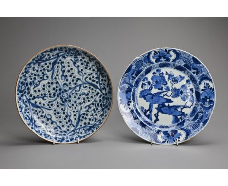 TWO CHINESE BLUE AND WHITE PORCELAIN DISHES, 18TH CENTURY. The first decorated with two pheasants perched on rock work within