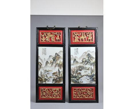 A PAIR OR CHINESE FRAMED PORCELAIN TILES, 20TH CENTURY. Each tile similarly decorated with a landscape scene and calligraphy,