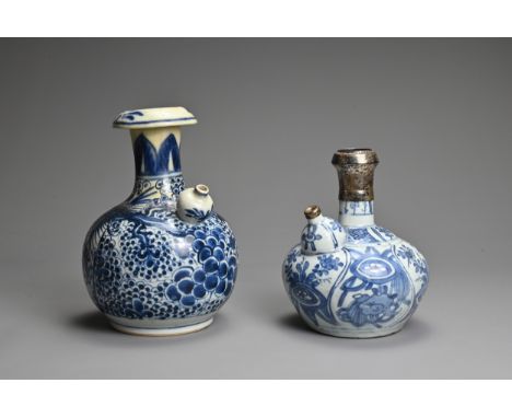 TWO CHINESE BLUE AND WHITE PORCELAIN KENDI, 16-18TH CENTURY. The first of typical form with floral decoration and white metal