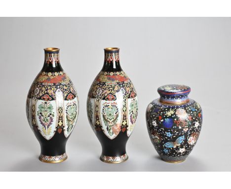 A PAIR OF JAPANESE LATE MEIJI PERIOD (1868-1912) CLOISONNE ENAMEL TAPERING OVIFORM VASES AND AN OVIFORM NAR AND COVER. The pa