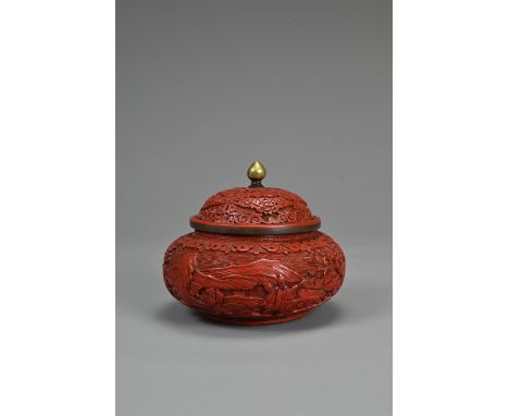 A CHINESE CINNABAR LACQUER POT AND COVER, 19TH CENTURY. Of squat form with domed cover carved in relief with figures in a lan