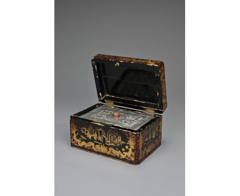 A CHINESE EXPORT BLACK AND RED LACQUER GILT TEA CADDY, 19/20TH CENTURY. Of rectangular form decorated to the exterior with fi