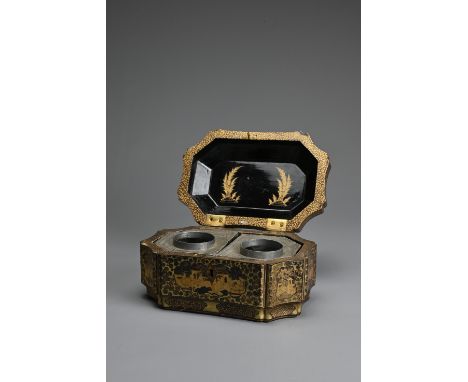 A 19TH CENTURY CHINESE EXPORT BLACK AND GILT LACQUER TEA CADDY. Of shaped rectangular form decorated in gilding with figures 