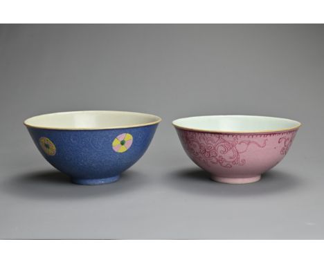 TWO CHINESE PORCELAIN BOWLS, EARLY 19TH CENTURY. To include a blue ground sgraffito bowl with enamelled pink, yellow and gree