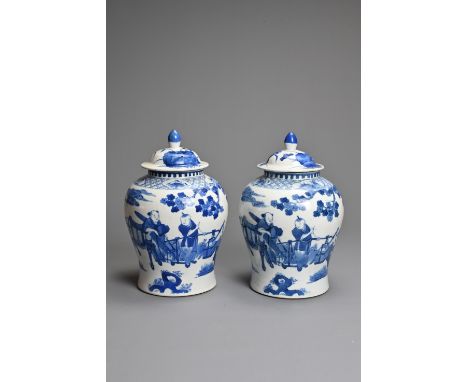 A PAIR OF CHINESE BLUE AND WHITE PORCELAIN BALUSTER VASES, 19TH CENTURY. Decorated with figures and attendants in a landscape