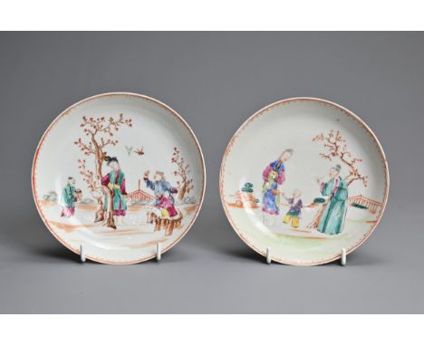 TWO CHINESE FAMILLE ROSE PORCELAIN DISHES, 18TH CENTURY. Qianlong export dishes decorated with figures in a garden scene (173