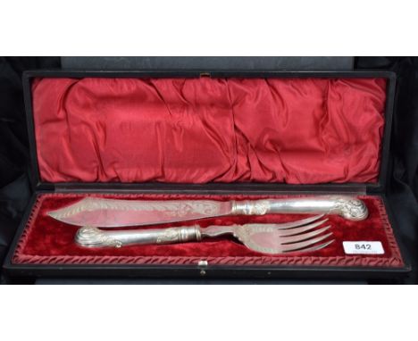 A late Victorian silver-plated fish serving set, comprising over-sized knife and fork, each with engraved detail and moulded 