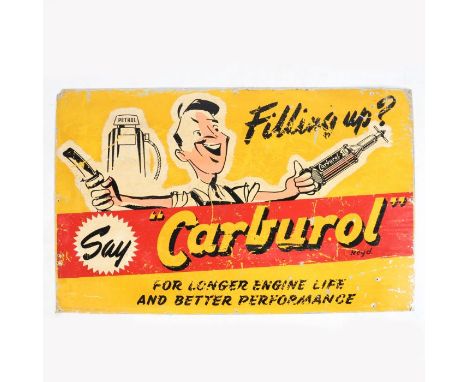 An unusual Carburol advertising sign depicting an attendant next to a petrol pump, with the text "Filling up? Buy "Carburol" 