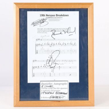 The Rolling Stones - 19th Nervous Breakdown section of sheet music/ tab bearing signatures of 4 members, framed and authentic