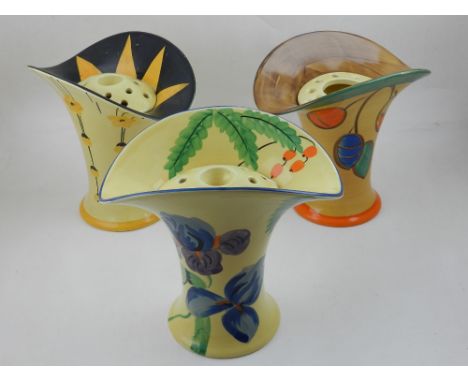 Myott & Sons, England. Three ceramic vases, hand-painted, with original inset. 