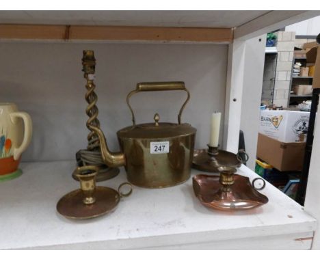 A brass kettle, 3 chamber candlesticks and a barley twist lamp base