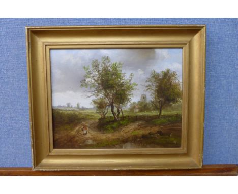 English School (19th Century), rural landscape, oil on panel, framed
