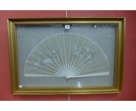 A hand painted silk and bone fan, framed