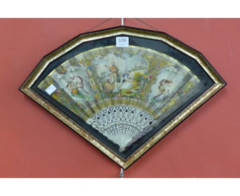 A French decorative paper, bone and mother of pearl fan, framed