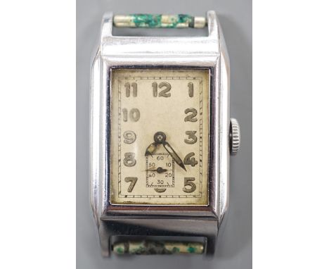 A gentleman's Swiss 1940's? stainless steel manual wind rectangular dial wrist watch, no strap.