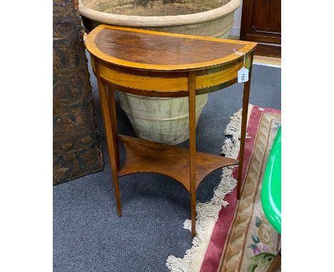 A George III style satinwood banded D shape console table, width 64cm, depth 33cm, height 76cm