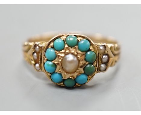 A George V 15ct gold, turquoise and split pearl set cluster ring, size K, gross weight 3 grams.