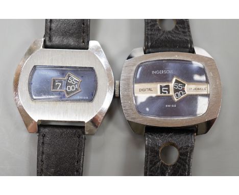 Two gentleman's stainless steel Ingersoll jump hour digital manual wind wrist watches.