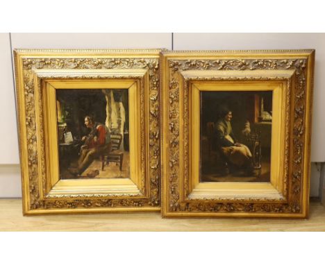 P.Y. Vankens (19th C. Dutch), pair of oils on wooden panels, Elderly lady at a spinning wheel and Man playing a violin, signe