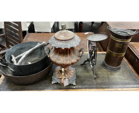 A Victorian copper samovar, a copper and brass measure, a preserve pan, scales etc.