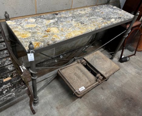 A contemporary wrought iron rectangular marble top console table, width 138cm depth 46cm height 81cm