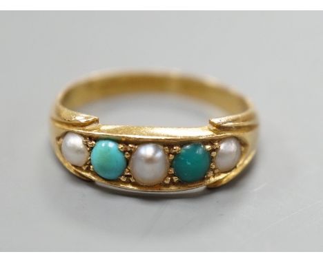 A late Victorian 18ct gold, graduated split pearl and turquoise set five stone half hoop ring, size P/Q, gross weight 4.2 gra