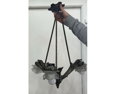 A French Art Deco three light electrolier with opaque glass shades, height 60cm