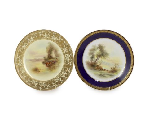 Two Royal Worcester Stinton painted ‘cattle at dusk’ plates, c.1912, the first painted by Harry Stinton with a matt gilt vine