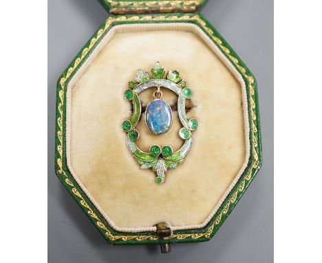 A late Victorian Child &amp; Child yellow metal, green enamel and drop black opal set brooch, 35mm, gross weight 6.4 grams, i