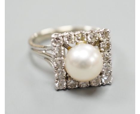 A white metal, cultured pearl and diamond set square cluster ring, size M, gross weight 5.5 grams.