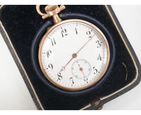 A late 19th century Swiss 935 white metal, gold plated and black enamel keyless lever open face pocket watch, in fitted case.
