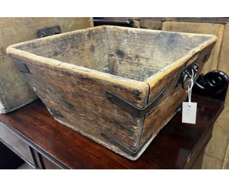 A Victorian iron bound pine garden trough, initialled J H B, width 47cm depth 45cm height 27cm